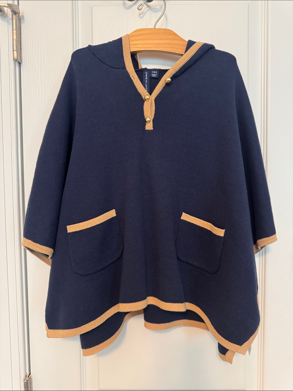 Janie & Jack Girls Sz 5-6 Navy Hooded Sweater Cape w/ Light Tan Trim